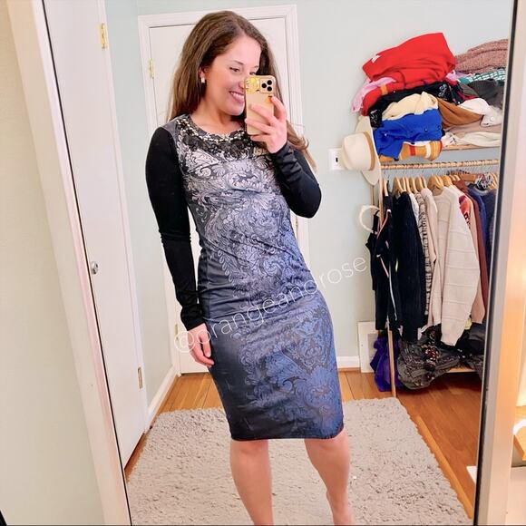 Needle & Thread Black Gray Ombré Patterned Beaded Collar Long Sleeve Knee Dress - Picture 1 of 15